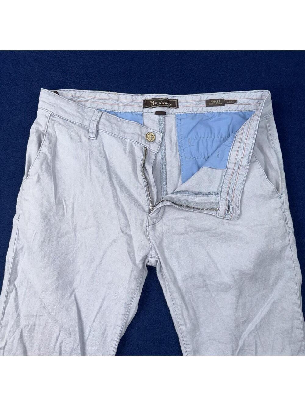 34 heritage Naples Straight Linen Pants Chino Light Blue 36x30 Mid Rise Casual